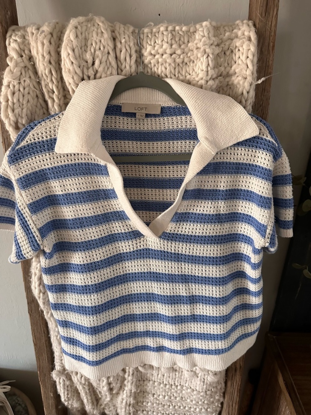 LOFT White and Blue Striped Open-Knit Polo short sleeve Sweater